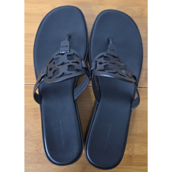 TORY BURCH Miller Wedge Platform Leather Sandals Black Excellent US 9.5M - Picture 10 of 16